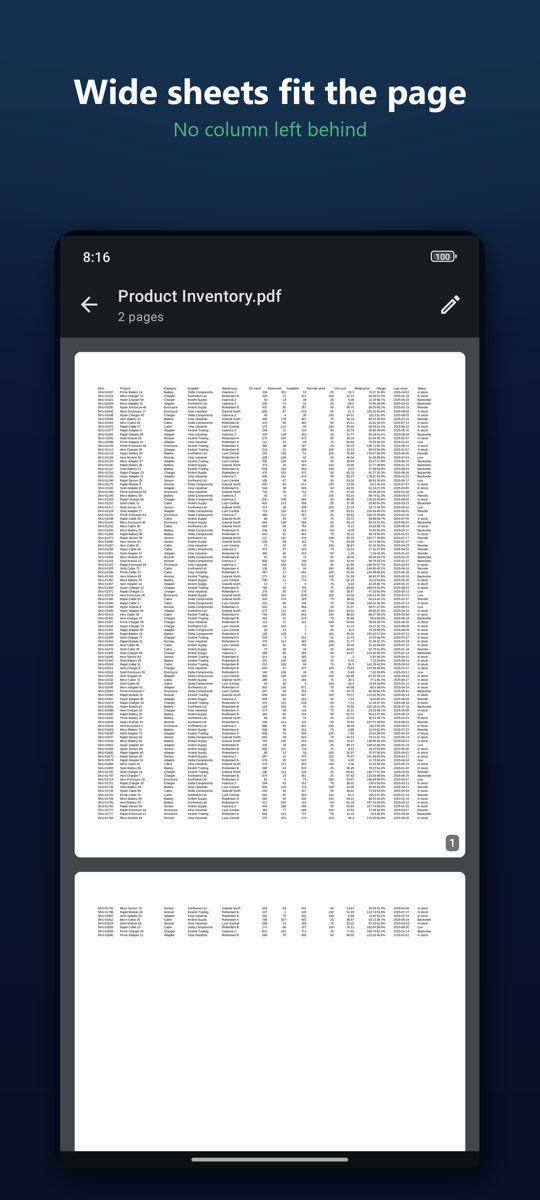 Wide Excel sheet fitted to the PDF page
